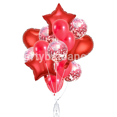 Set 14 Baloane din Folie Metalizată si din Latex, Rosu, Figurine Stea si Inima 45 cm