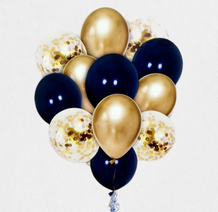 SET 12 BALOANE LATEX CHROME AURII ,BLEUMARIN CU CONFETTI AURII - 30 CM