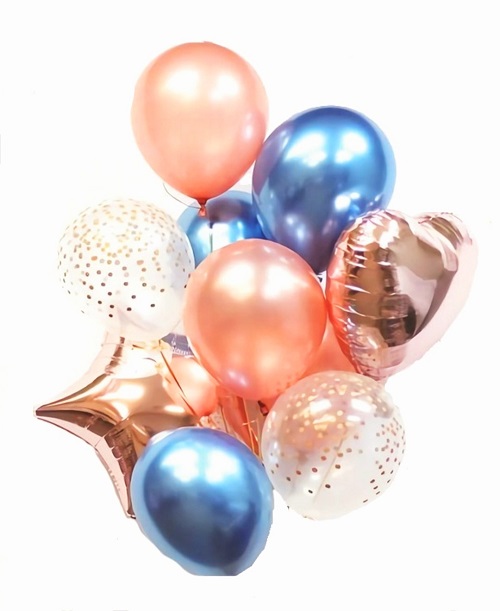 SET 10 BALOANE FOLIE SI LATEX -ALBASTRU CHROME,ROSE GOLD SI BALOANE CU IMPRIMEU CONFETTI