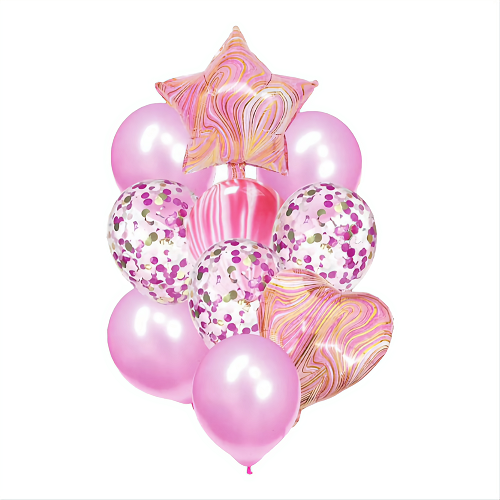 SET 10 BALOANE FOLIE MARMORATE SI LATEX ROZ , TRANSPARENTE CU CONFETTI ROZ
