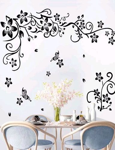 STICKER DECORATIV PENTRU PERETE FLORI NEGRE SI FLUTURASI 108 CMx100CM COD 148