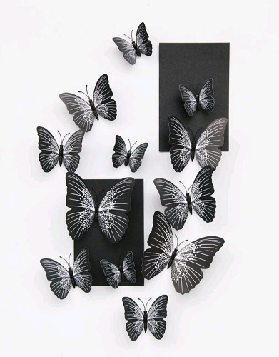 Set 12 fluturasi negru cu alb 3D cu magnet si banda dublu adeziva