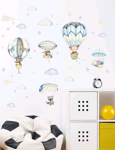 STICKER DECORATIV PENTRU PERETE - BALOANE CU AER CALD,NORI,STELUTE,ANIMALUTE SAFARI