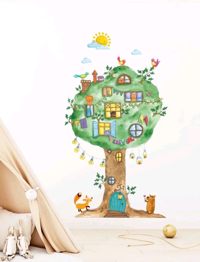 STICKER DECORATIV PENTRU PERETE - CASUTA DIN COPAC CU ANIMALUTE - COD 406