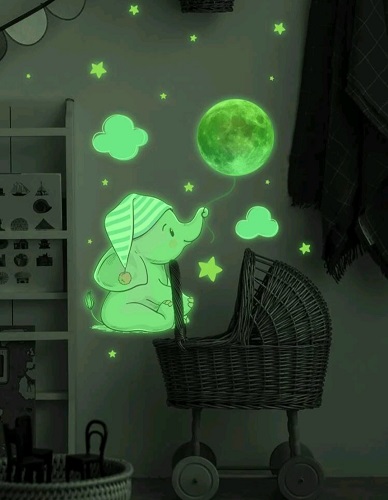 STICKER DECORATIV PENTRU PERETE - ELEFANT CU LUNA,NORI,STELUTE FOSFORESCENTE