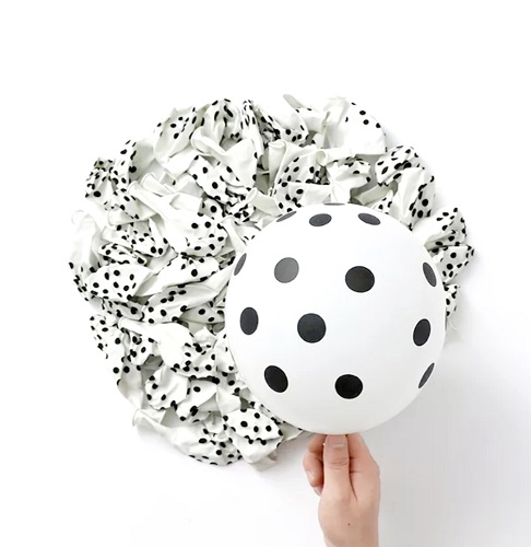 SET 10 BALOANE LATEX POLKA , ALB CU BULINE NEGRE - 30 CM