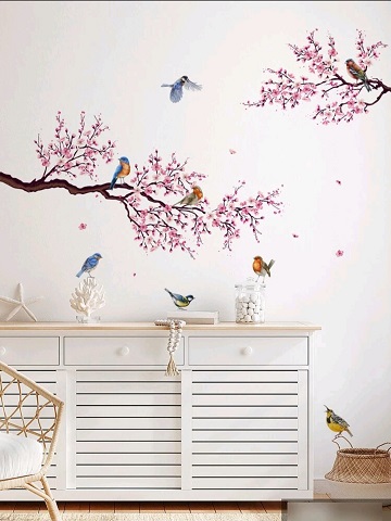 STICKER DECORATIV PENTRU PERETE - CRENGI DE COPAC CU FLORI ROZ SI PASARI - COD 108