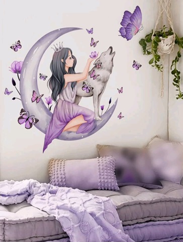 STICKER DECORATIV PENTRU PERETE - FATA PE LUNA CU LUP - COD 185