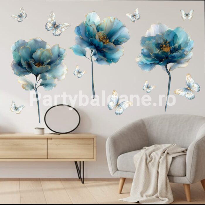 STICKER DECORATIV PENTRU PERETE - FLORI BLEU CU FLUTURI - COD184B