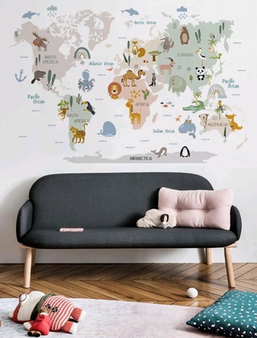 STICKER DECORATIV PENTRU PERETE - HARTA LUMII CU ANIMALUTE COD 275