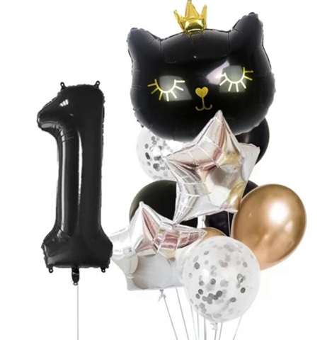 Set 11 baloane folie si latex cu cifra 1 - Pisica neagra