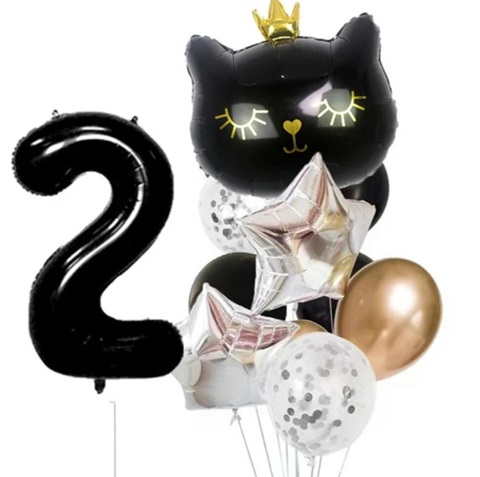 Set 11 baloane folie si latex cu cifra 2 - Pisica neagra