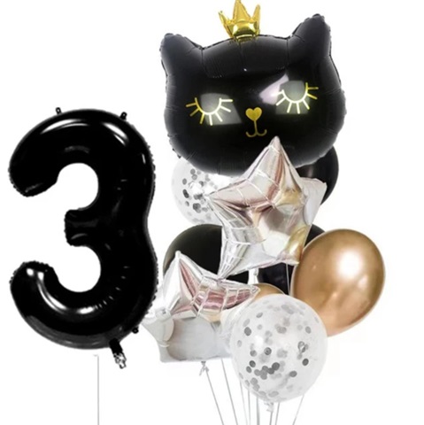 Set 11 baloane folie si latex cu cifra 3 - Pisica neagra