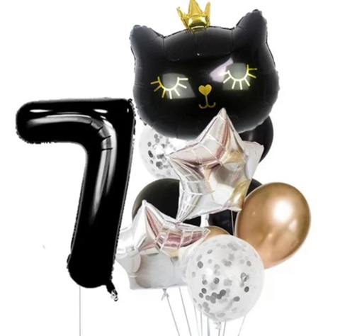 Set 11 baloane folie si latex cu cifra 7 - Pisica neagra