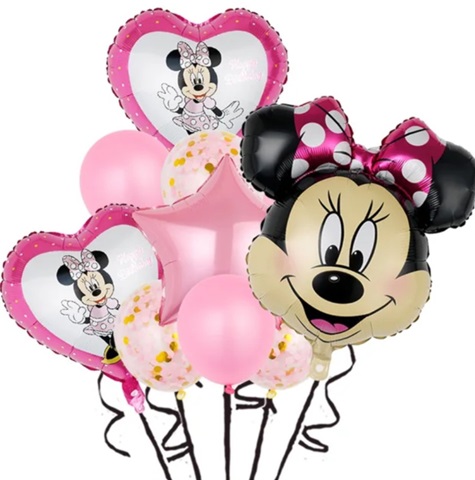 Set 10 baloane folie si latex si inimi Minnie roz