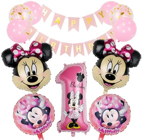Set 11 baloane folie si latex Minnie cu cifra 1 si banner