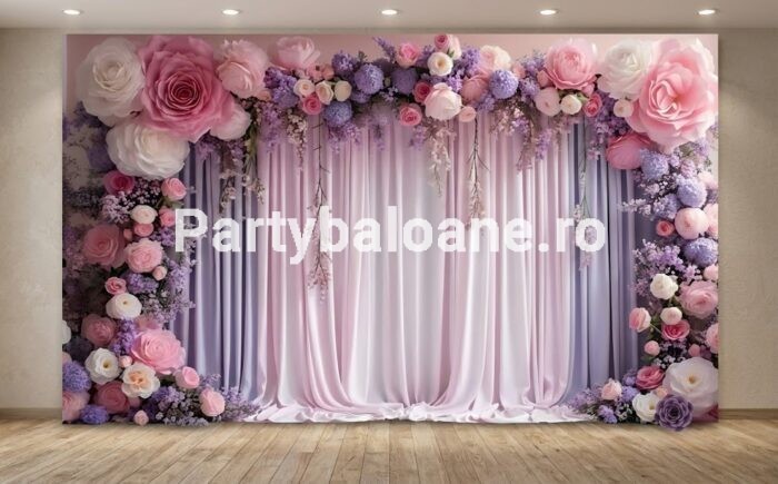 Background Textil Arcadă Eleganță Florală – Trandafiri și Draperaj, 180x160 cm (Mat, Fără Reflexii) - COD 258B Fundal textil pentru arcada cu trandafiri roz crem si liliac mov decor draperie eleganta pentru evenimente nunta botez