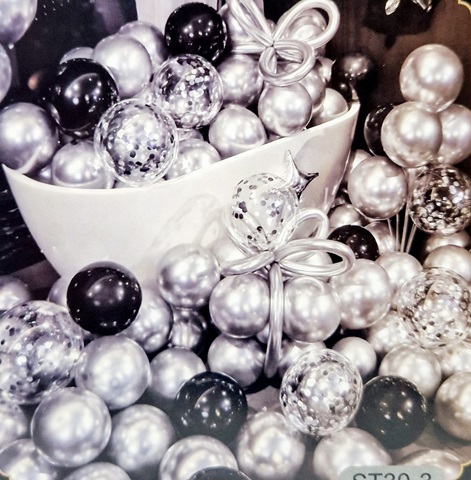 SET 25 BALOANE ARGINTIU CHROME , NEGRU , TRANSPARENTE CU CONFETTI AURII SI BALOANE MODELAJ ARGINTIU CHROME