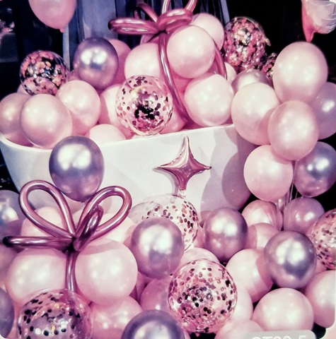 SET 25 BALOANE LILA CHROME , ROZ , TRANSPARENTE CU CONFETTI ROZ SI BALOANE MODELAJ LILA CHROME