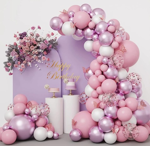 SET GIRLANDA CU BALOANE IN NUANTE DE ALB , ROZ MACARONS , LILA CHROME