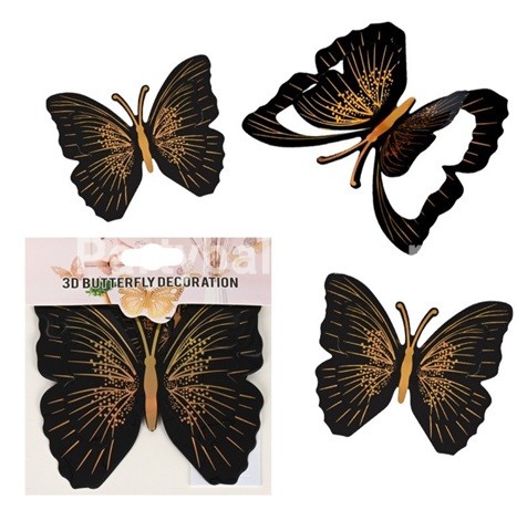 SET 12 FLUTURI DECORATIVI 3D METALICI NEGRU CU AURIU