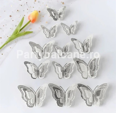SET 6 FLUTURI DECORATIVI 3D METALICI ARGINTII 20x14 CM