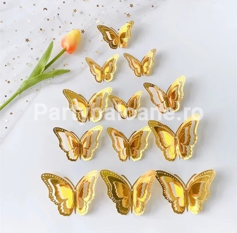 SET 6 FLUTURI DECORATIVI 3D METALICI AURII 20x14 CM