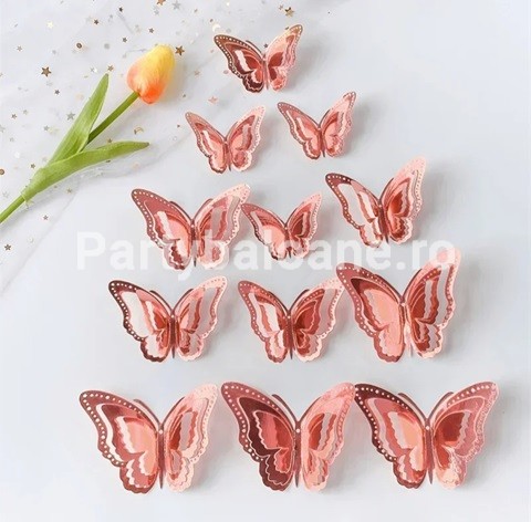 SET 6 FLUTURI DECORATIVI 3D METALICI ROSE GOLD 20x14 CM