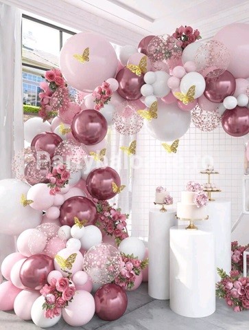 SET GIRLANDA CU BALOANE ROZ , ALB , , ROZ CHROME , TRANSPARENTE CU CONFETTI SI FLUTURI AURII COD 513