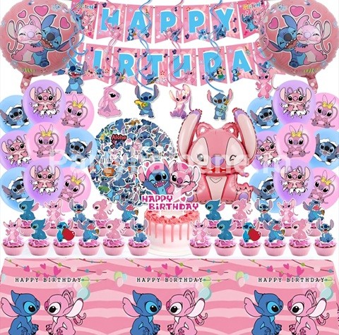 SET STITCH ROZ – BALOANE , BANNER , TOPPER TORT , SCOBITORI TORT – 101 BUCATI
