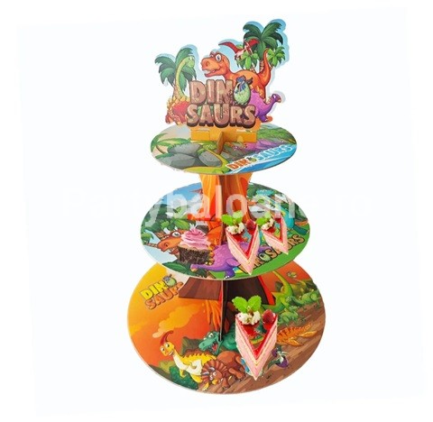 SUPORT DIN CARTON PENTRU BRIOSE PE 3 NIVELURI – DINOZAURI