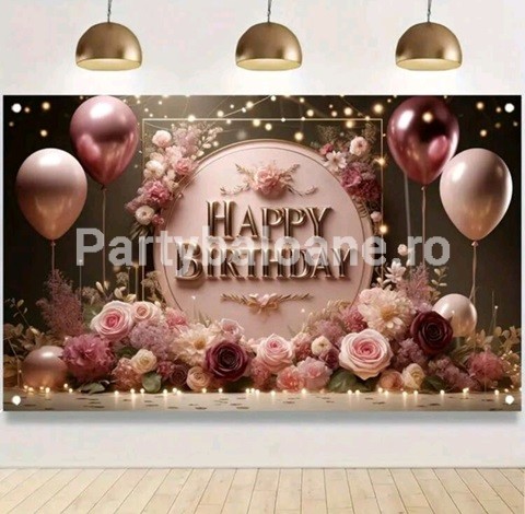 BACKGROUND TEXTIL PENTRU ARANJAMENT ARCADA HAPPY BIRTHDAY CU FLORI SI BALOANE - COD 382