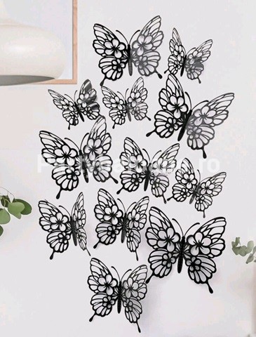 SET 12 FLUTURI DECORATIVI 3D METALICI - NEGRU