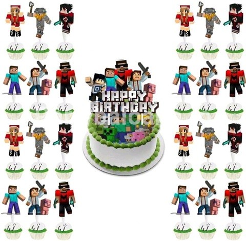 SET 24 SCOBITORI DECORATIVE SI TOPPER PENTRU TORT MINECRAFT HAPPY BIRTHDAY