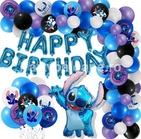 Set ghirlanda din baloane Stitch cu banner Happy Birthday