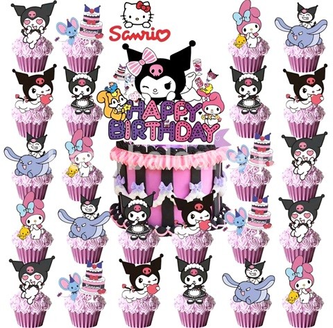 SET 24 SCOBITORI DECORATIVE SI TOPPER PENTRU TORT HELLO KITTY SANRIO KUROMI