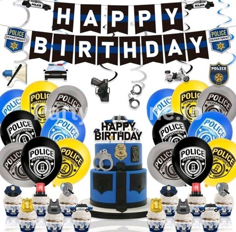SET MASINA POLITIE – BANNER , TOPPER TORT , SCOBITORI TORT , BALOANE – 38 BUCATI