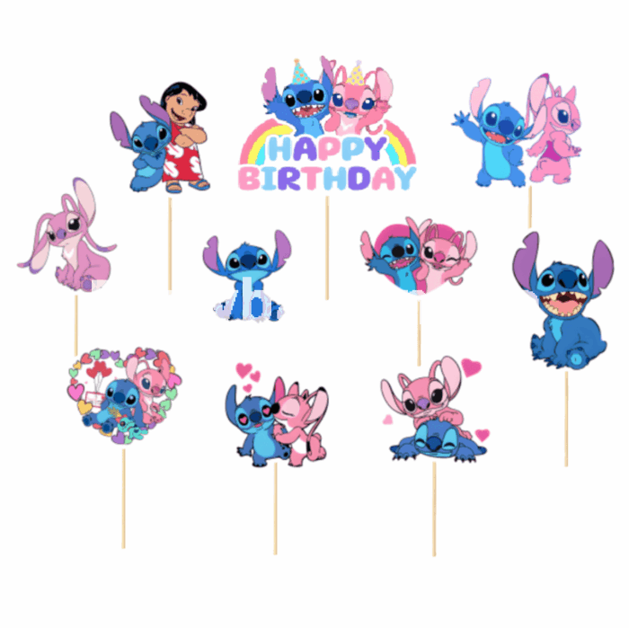Toppere Tort Stitch și Lilo (Set 10 buc) - Decorațiuni Petrecere Disney Set 10 toppere tort Stitch si Lilo cu Angel si mesaj Happy Birthday pentru decoratiuni petrecere copii