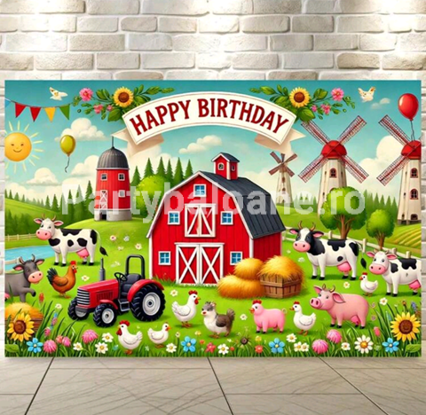 BACKGROUND TEXTIL PENTRU ARANJAMENT ARCADA HAPPY BIRTHDAY FERMA - ANIMALE COD 518