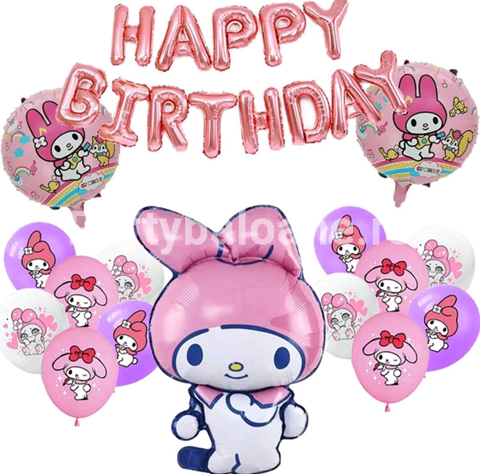 SET 15 BALOANE FOLIE SI LATEX SANRIO KUROMI ROZ- HELLO KITTY CU BANNER HAPPY BIRTHDAY