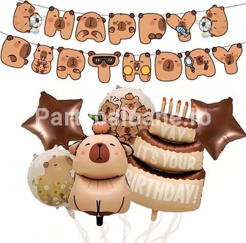 SET 6 BALOANE FOLIE CAPIBARA SI BANNER HAPPY BIRTHDAY