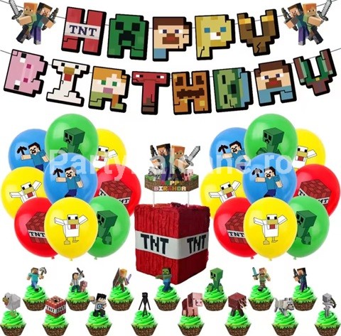 SET MINECRAFT – BALOANE , BANNER , TOPPER TORT , SCOBITORI TORT – 37 BUCATI
