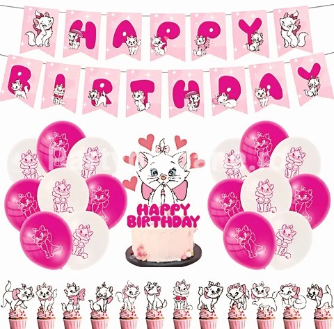 SET PISICA MARIE – BALOANE , BANNER , SCOBITORI , TOPPER TORT – 30 BUCATI