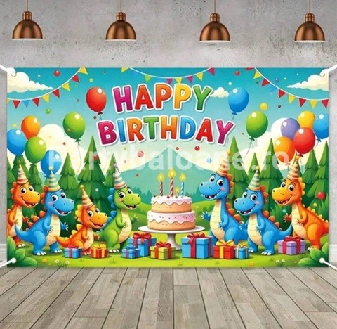 BACKGROUND TEXTIL PENTRU ARANJAMENT ARCADA HAPPY BIRTHDAY CU DINOZAURI COD 540