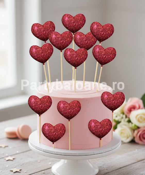 SET 10 TOPPERE CU INIMIOARE - ROSII GLITTER