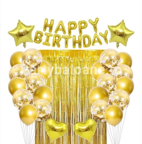 SET 24 BALOANE CU BANNER HAPPY BIRTHDAY SI PERDEA FOLIE - AURIU