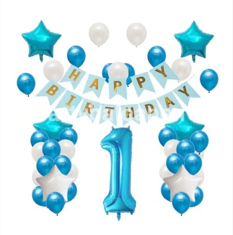 SET 42 BALOANE FOLIE SI LATEX CIFRA 1 BLEU SI BANNER HAPPY BIRTHDAY