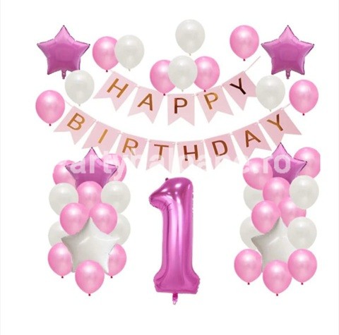 SET 42 BALOANE FOLIE SI LATEX CIFRA 1 ROZ SI BANNER HAPPY BIRTHDAY