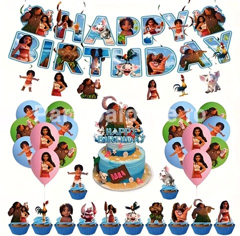 SET MOANA – BALOANE , BANNER , SPIRALE CU PERSONAJE , TOPPER , SCOBITORI TORT – 56 BUCATI