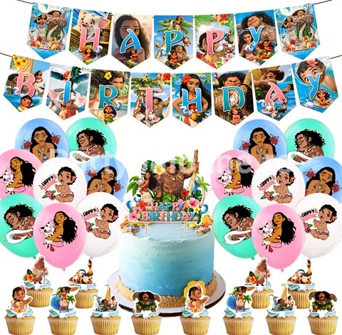 SET MOANA – BALOANE , BANNER , TOPPER SI SCOBITORI PENTRU TORT– 30 BUCATI